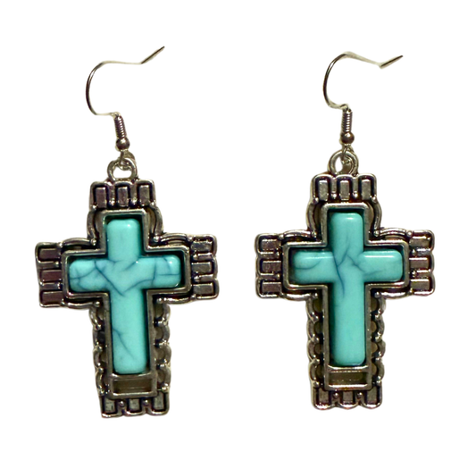 Turquoise Stone Cross Earrings